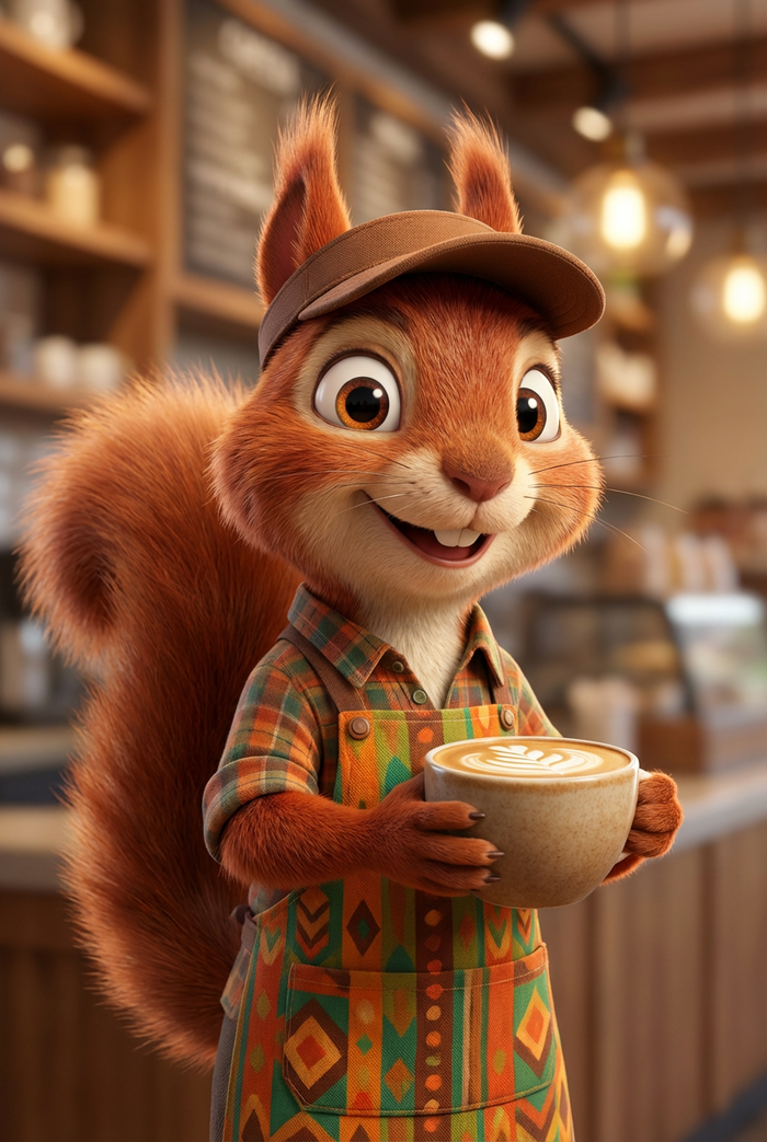 Animated squirrel character holding a coffee cup in a cozy cafe setting